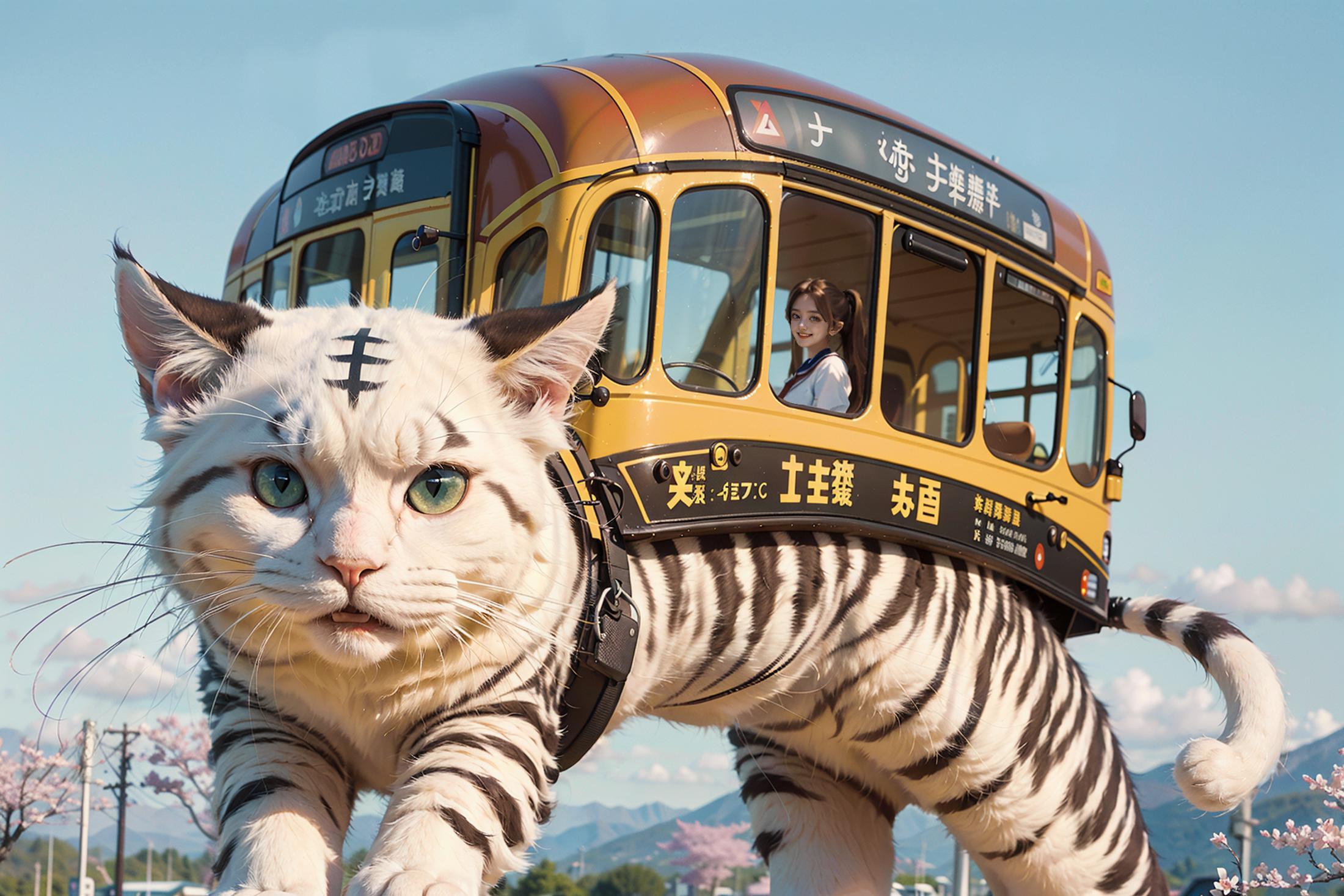 A cat riding a bus with a tiger painting on it.