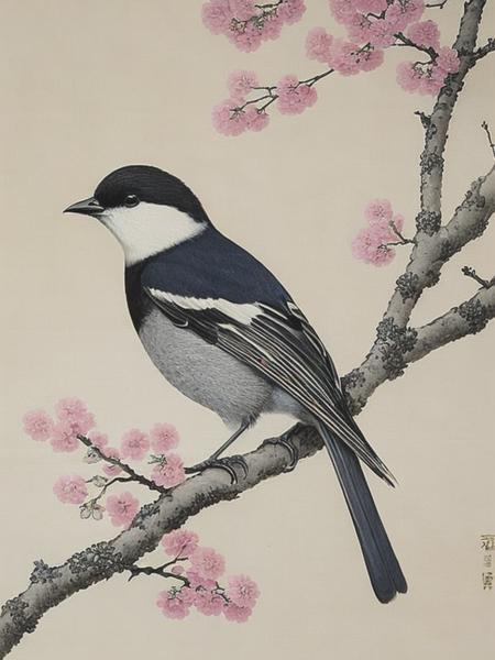 <lyco:OharaKoson:1.0> In the style of Ohara Koson, create a black-and-white print of a bird perched on a cherry blossom branch. Capture the texture and intricate details of the bird's feathers and the delicate blossoms, using only varying shades of gray,32K