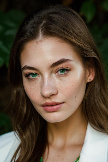 <lora:gr4c33l1:0.9>, a Realistic photo of gr4c33l1 woman, 1girl, solo, long hair, looking at viewer, brown hair, green eyes, upper body, mole, lips, traditional media, portrait, freckles, realistic, mole on cheek, professional Photography, Photorealistic, detailed eyes, RAW, analog, sharp focus, 8k, HD, DSLR, high quality, Fujifilm XT3, film grain, award winning, masterpiece