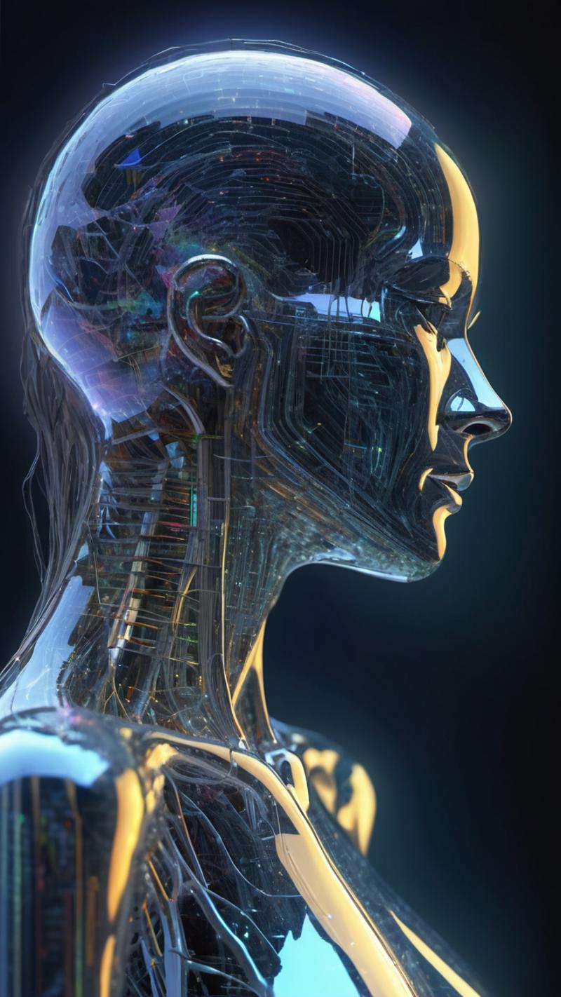 A close up of a woman's head with a futuristic, robotic twist.