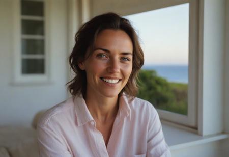A meticulously detailed, hyper-realistic studio portrait of Olivia, a 35-year-old woman with sun-kissed skin and bright green eyes. She has a slim, oval, delicately contoured face with high cheekbones, a narrow jawline, and a subtle V-shaped chin. Her wavy, short-length light brown hair is casually tousled, framing her naturally beautiful face. Her skin has realistic texture: visible pores, soft natural wrinkles, gentle laugh lines, and minor imperfections that enhance authenticity. She wears a lred button up shirt an a warm, genuine smile with slightly imperfect teeth. She seats in a warm living room, facing the sunset, and ocean,through a Bow White Wooden window, captured with an 85mm lens at f/4, with natural color grading and an unedited RAW film look — inspired by Kodak Portra 400. No makeup retouching, no plastic effect, no artificial smoothing.