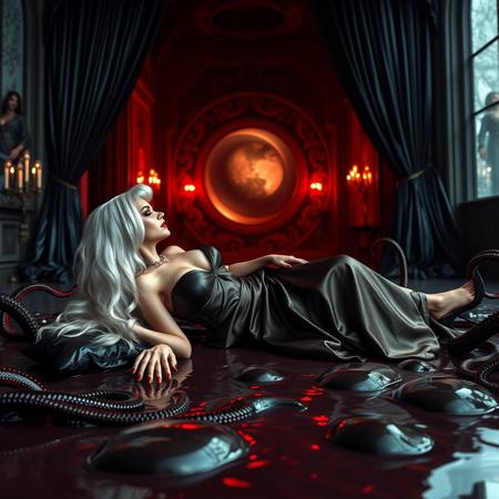 Sexy, sultry, (Female, 1girl):1.3, (glossy foil satin highly detailed georgian gown):1.3, (Huge breasts, big boobs, Large breasts), (firm Round perky breasts:1.2), (posturecollar):1.25, (, slim waist:1.35).  glossy high heels, laying  (knees spread wide apart), orgasm face, red lipstick, red nails,  spreaded at  glossy wet-look  black jelly pillows floating in giant slime pool, hands and ankles catched by  tentacles spreading from  giant  portal to alien space  at background,  makeup, long hairs, black glossy foil canopy curtains, weird evil aliens palace, red fog from the floor,  horror, aliens, sci-fi, space,  Rembrandt Lighting Style, great lighting. At twilight, in victorian mansion sideview Ultra realistic, 8k, uhd, best quality, best resolution, lifelike, white wig, ent over, on all fours, large breasts, big boobs, huge tits, georgian gown,