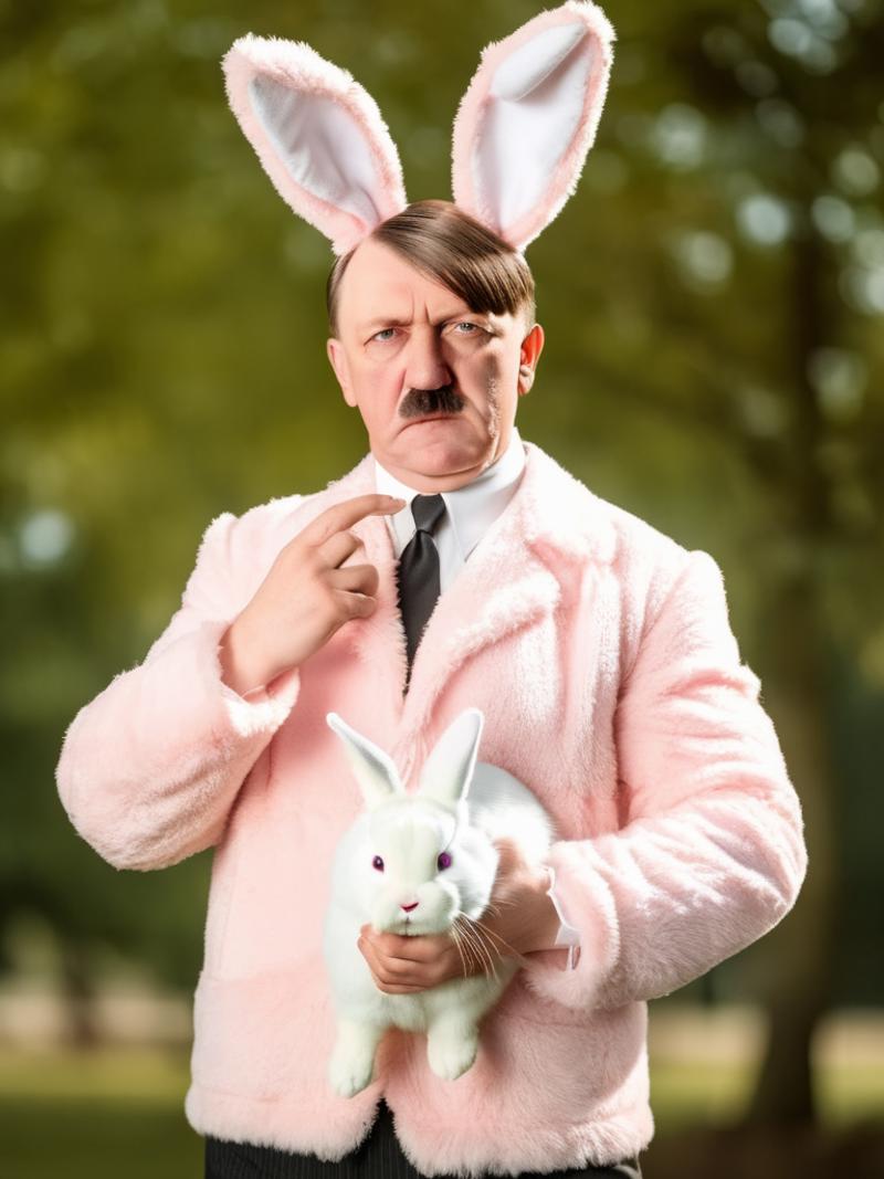A man in a pink bunny costume holding a white rabbit.