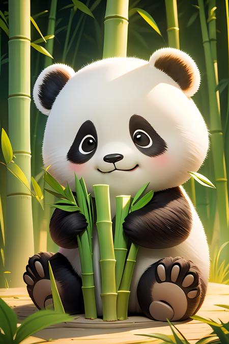 chibi, masterpiece, best quality, original, official art,no humans,((glossy eyes)),Cute,full body,panda, holding bamboo shoots, sitting, solo, looking at viewer,bamboo forest background, Unreal Engine, cartoon rendering,<lora:GoodHands-beta2:1>,