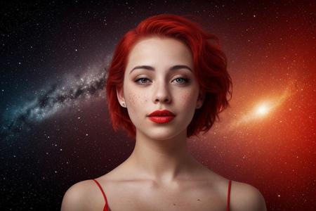 [[[young]]] beautiful woman with red short straight hair and freckles, hourglass figure, teardrop breasts, stary night sky in fantasy setting background, red lipstick, view centered on face