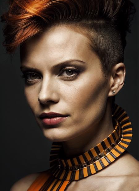 portrait of sks woman by Flora Borsi, style by Flora Borsi, bold, bright colours, orange Mohawk haircut, ((Flora Borsi)), <lora:locon_vinessashaw_v1_from_v1_64_32:1>