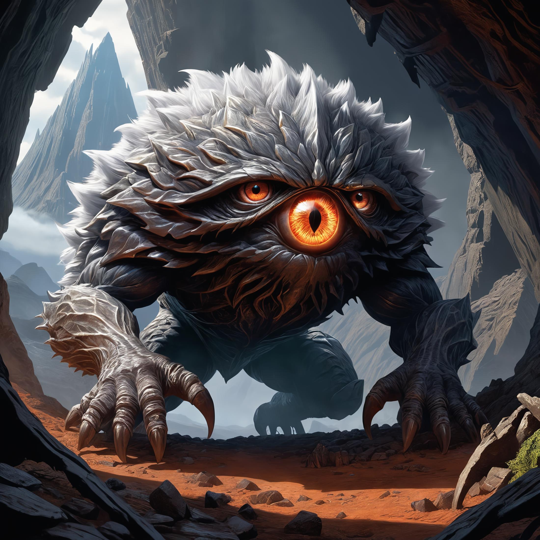A Creepy Giant Monster with Orange Eyes in a Cave