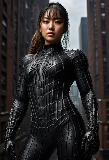 score_9, score_8_up, score_7_up, best quality, realistic, masterpiece, beautiful detail, hyperrealistic, night, ((1girl, woman body, large breast)), amazing detailed full body portrait of a beautiful japanese girl, wearing a realistic and highly detailed black raimi spider-man suit, ((huge muscular girl)), professional model wears ultra - detailed black raimi spider - man suit, ultra - detailed and grained black raimi spiderman suit, suit covered entire body and hand, black spiderman gloves, wet, (dynamic pose), (full body), (dirty skin), close up, octane render, highly detailed, volumetric, dramatic lighting, (highest quality:1.1), (HDR:1.3), (top quality, best quality), realistic, high definition,
