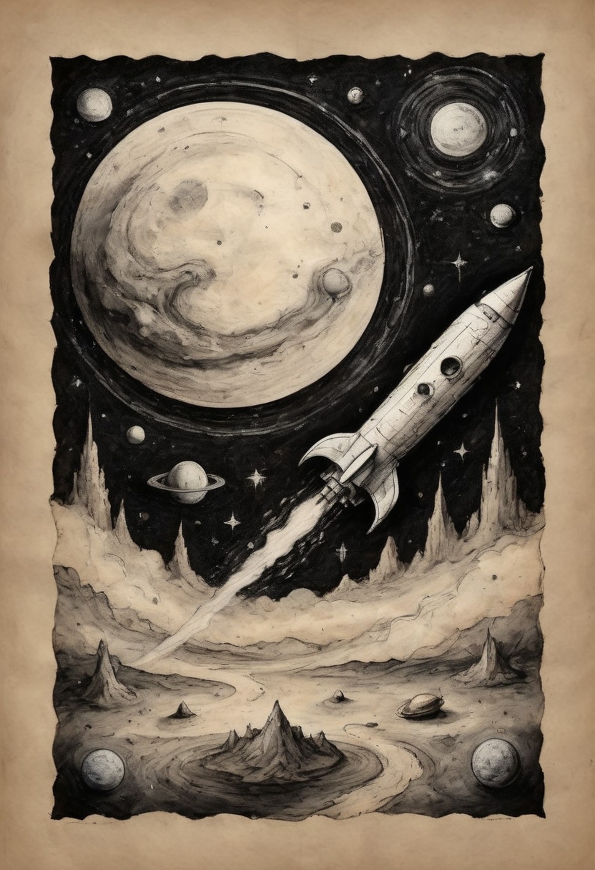 ink art on parchment rocket ship passing a comet in otherwise empty blackness of space