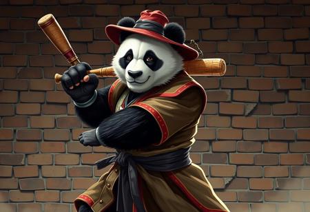 Create an image of a panda bear in a heroic Muay Thai stance, holding a baseball bat and wearing World of Warcraft-inspired, themed robes and a hat, with a cracked brick wall background in the style of 1940s anime. The image should be highly detailed, with a focus on showcasing the panda's strength and agility. The art style should be reminiscent of Sifu and Warcraft, with a mix of realistic and stylized elements. The final image should be in 4K or 8K resolution and feature a master painter level of detail.