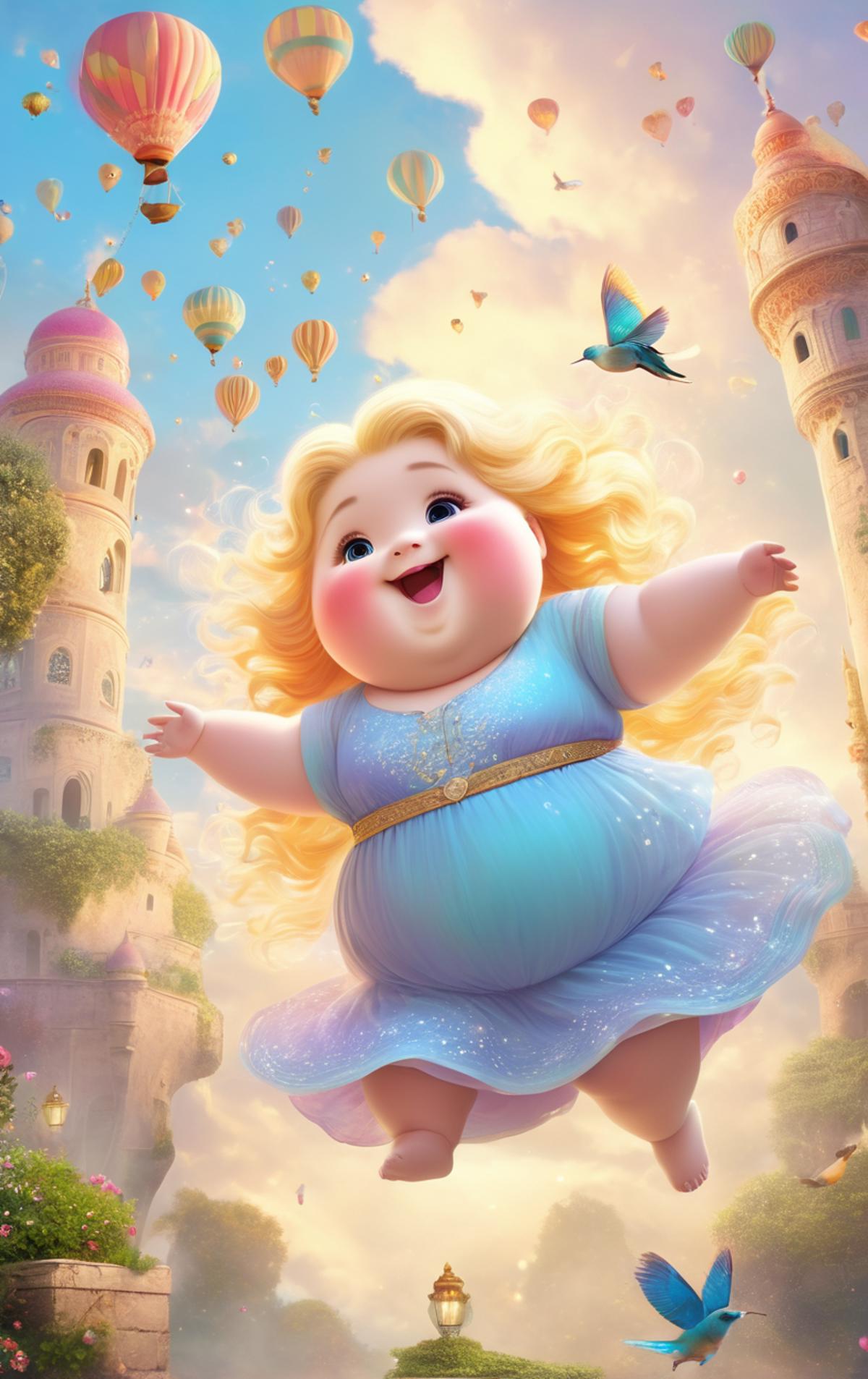 A Fat Baby Girl in a Blue Dress Flying with Balloons and a Blue Bird.