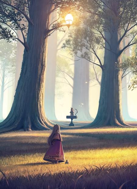 long hair, tree, 1girl, scenery, nature, forest, solo, very long hair, dress, standing, outdoors, cat, butterfly, lamppost, fantasy, bug, animal, grass <lora:vines-pynoiseLoHa:1>