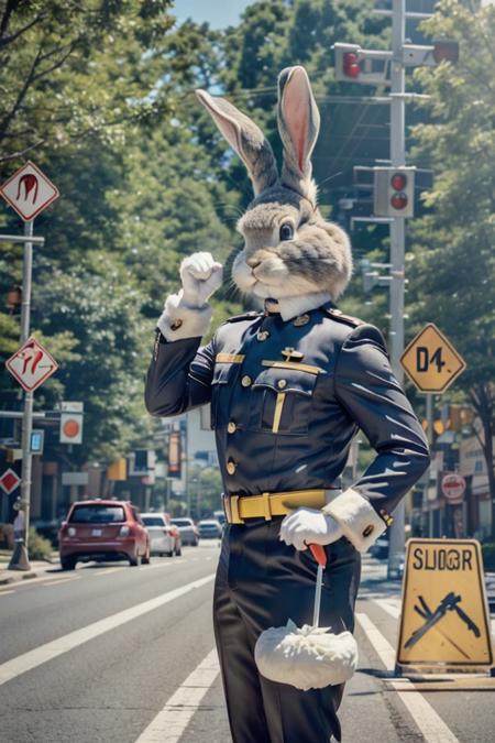 furry, a rabbit traffic policeman directing traffic,pose