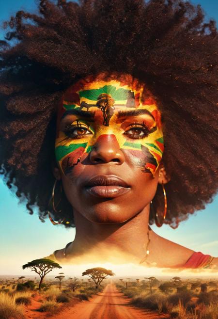 award winning, Double exposure, digital painting, a proud and powerful African woman with a natural afro and the continent of Africa framing an image of the serengeti, colorful, vivid colors, detailed face, perfect eyes, well drawn, sharp lines, smooth shading, (colorful:1.2), (sharp:1.2), (extremely detailed:1.2), (HD:1.2), (HDR:1.2), (8K:1.2), (insane quality:1.2), (best resolution:1.2), maximalist, (masterpiece:1.2)