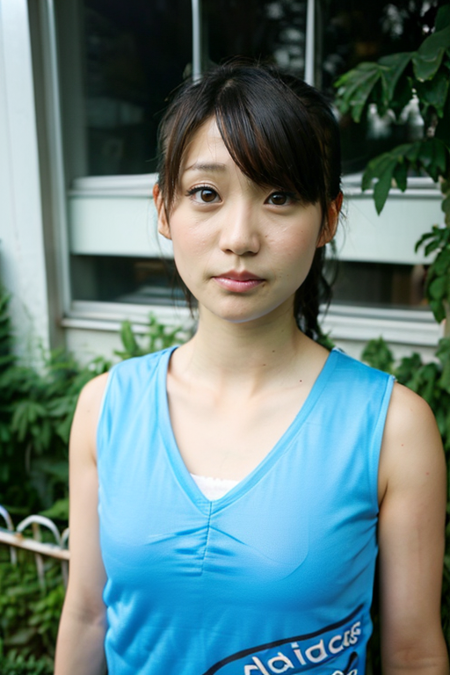 yuko, 1girl, solo, looking at viewer, black hair, brown eyes, sleeveless, mole, lips, tank top, realistic