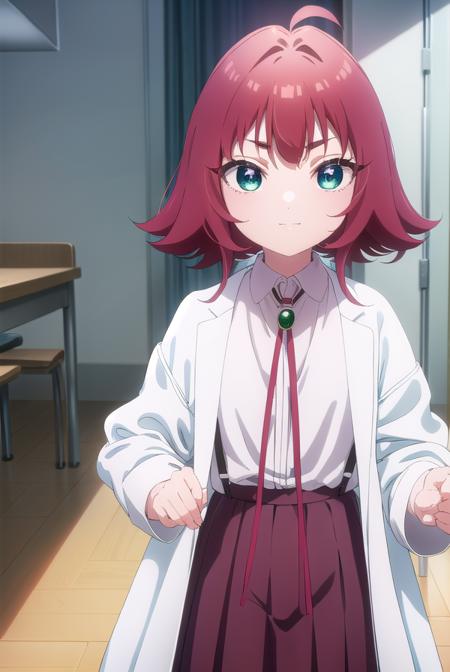 kusuriyakuzen, <lora:kusuri yakuzen s1-lora-nochekaiser:1>,
kusuri yakuzen small, short hair, (green eyes:1.3), white shirt, red hair, pleated skirt, socks, collared shirt, black skirt, neck ribbon, suspenders, antenna hair, black socks, (labcoat:1.2), suspender skirt, female child, smile,
BREAK ,
BREAK indoors, classroom,
BREAK looking at viewer, (cowboy shot:1.5),
BREAK <lyco:GoodHands-beta2:1>, (masterpiece:1.2), best quality, high resolution, unity 8k wallpaper, (illustration:0.8), (beautiful detailed eyes:1.6), extremely detailed face, perfect lighting, extremely detailed CG, (perfect hands, perfect anatomy),