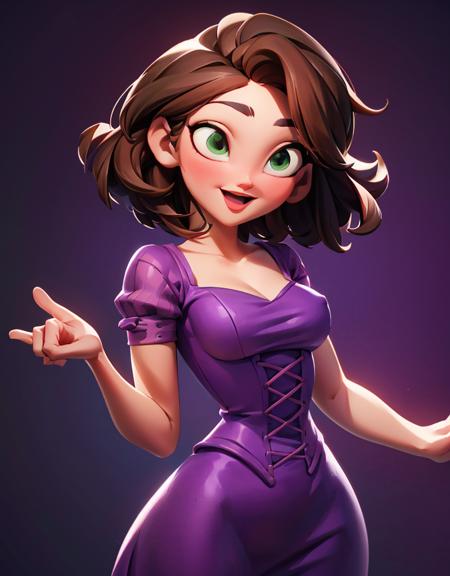 (RapunzelWaifu:1), 1girl, cute, cute pose, (short hair, brown hair, green eyes), (purple dress), curvy, looking at viewer, smile, :D, breast focus, sexy, retro,
(simple background:1.2), (background:1),  (dynamic_angle:1.2), (dynamic_pose:1.2), (rule of third_composition:1.3), (dynamic_perspective:1.2), (dynamic_Line_of_action:1.2), solo, wide shot,
(masterpiece:1.2), (best quality, highest quality), (ultra detailed), (8k, 4k, intricate), (full-body-shot:1), (Cowboy-shot:1.2), (50mm), (highly detailed:1.2),(detailed face:1.2), detailed_eyes,(gradients),(ambient light:1.3),(cinematic composition:1.3),(HDR:1),Accent Lighting,extremely detailed,original, highres,(perfect_anatomy:1.2),
<lora:RapunzelShortHair_Character-10:0.8> <lora:3DMM_V7:1>