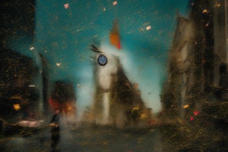 jr korpa, a blurry photograph of a man walking down a street next to a tall building with a clock on it's side and a sky filled with stars, action painting, abstract brush strokes, experimental, surrealism <lora:JrKorpa_v1:0.9>