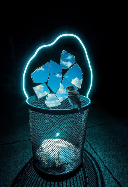 JNANX,luminous white silhouette,cyan glow,emerald highlights,flickering outline,dreamlike movement,rippling colors,drifting embers,infinite black background,psychedelic colors,ethereal,futuristic surrealism,gw,glowing,night,night sky,trippy,
Prompt: A street-level, eye-level shot of a dark green, cylindrical metal mesh trash can sitting on a concrete sidewalk. Inside the trash can, several pieces of a broken mirror reflect a bright blue sky with fluffy white clouds. A small brown sparrow with darker streaks sits perched on the rim of the trash can, looking towards the reflected sky within the mirror shards. The sunlight casts a shadow of the trash can and the bird onto the sidewalk.