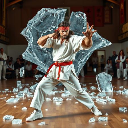 A  karate man performing a karate pose, Destroyed ice block background, in a dojo setting, ((Sean Connery)) , Bandana, long hair, jersey, white sneakers, muscular, 2 meters tall,Ice pieces are scattered on the floor. he has a determined expression, wearing a traditional white karate gi with a colored belt.  and spectators are watching in awe in the background. The dojo features wooden flooring and colorful banners on the walls, with bright lighting highlighting the action and the scattering ice shards.
masterpiece,