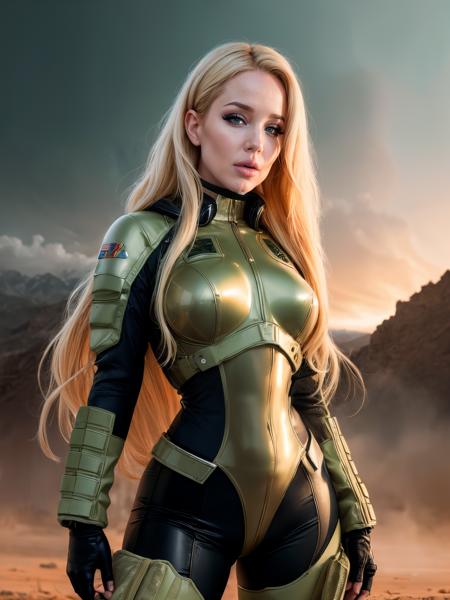 sci-fi, closeup portrait photo of blonde woman, savbond in combat clothes, face, long hair, slim body, 8k uhd, high quality, film grain