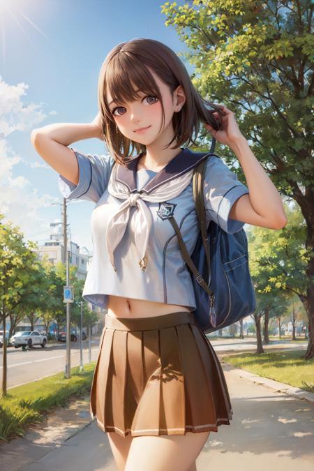 (masterpiece, best quality:1.2), <lora:loveplus_anegasaki-10:1>, cowboy shot, solo, 1girl, anegasaki nene, smile, closed mouth, looking at viewer, hand in own hair, school uniform, serafuku, pleated skirt