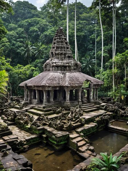 <lora:JJsTempleRuin_XL:1>,   (Temple Ruin)), ((masterpiece)), ((best quality)), scenery, outdoor, real world location,  sky, cloud,,day,water,tree, palm, pool,forest,tree root,