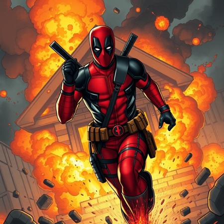 Deadpool is running out of a exploding house, super focus on male, superrealistic