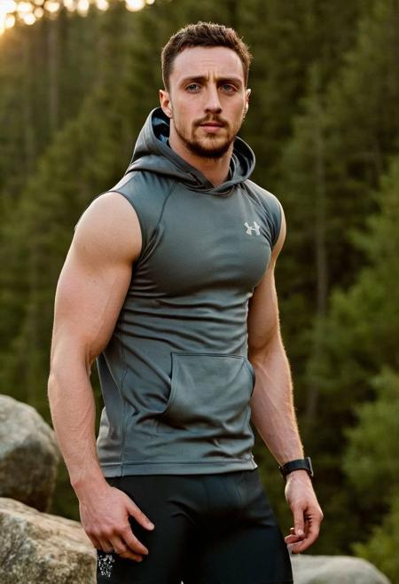 photo of aaron taylor-johnson a man <lora:Aaron-Taylor-Johnson:1>, wearing a sleeveless well-fitted under armour hoodie and compression shorts, standing on a boulder, outdoor trail, 35mm photograph, film, bokeh, professional, 4k, highly detailed, creek in the background, natural lighting, golden hour
