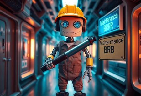 Photo of a maintenance robot, (wearing a yellow hardhat, grey janitor overalls, black work boots), holding a large screwdriver, (a sign displaying the word "Maintenance, BRB" is visible), in a spaceship corridor, comedic atmosphere, the android has a cyborg face with a  world-weary expression, Cinematic lighting, 8k, ultra realistic, hyper detailed, sci-fi, highlights, RAW, realistic, photo, best quality, (dramatic lighting), (sharp focus, intricate), Style-DoF