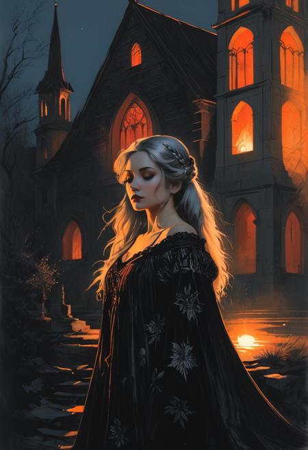 Charcoal and chalk drawings. a peaceful fantasy game character standing sideways, ornate art gown, engraving, lace, leather, sunset, soft body, flowing hair, Shadow play, top view, light, mist, moody, glossy silver hair, earthy, vivid, red, cream, brown, peach, coal texture, ash, cinematic, Film light, Hyper detailed, Hyper realistic, masterpiece, atmospheric, High resolution, Vibrant, High contrast, dark angle, art by Koos Roos, 8k, HDR, 500px, master class on painting in the style of Anders Zorn, Alexi Briclot, Luis Royo