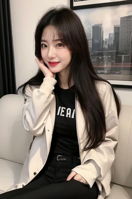 <lora:20231121-1700533986975:0.4>,<lora:MUSEv1:0.2>,masterpiece,best quality,photorealistic,
1girl,long hair,jacket,t-shirt,black pants,on couch, 
,skinny,in the cafe,nose blush,exquisite facial features,panorama, fashion,