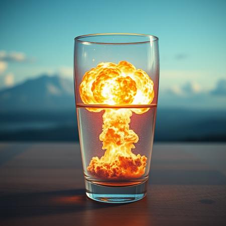 huge nuclear explosion inside a glass of water, detailed photograph with intricate details. The glass is on a wooden table