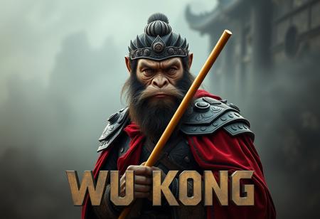 Panoramic view cinematic photo, a text title movie poster "WU KONG",game of thrones poster，The Monkey King in the classic Chinese myth Journey to the West，features a bearded man in armor holding a gold stick carved with classical Chinese textures，In a red cape，front view，(full_shot:1.3),  light fog, highly detailed, parody movie poster, a digital movie poster illustration,