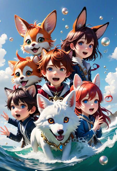 5 Children with different animal ears and features playing happily on a beach of pearls in a fantasy world.