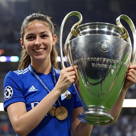 <lora:championsleague:0.7>,  championsleague, a woman with soccer jersey is holding a handled trophy in his hands, medal around her neck, smile, upper body, bloom, lens flare, camera flashes