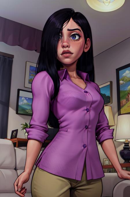 vilett,black hair, long hair,hair over one eye,
pink shirt,  from below,  pants, 
standing,   
living room, 
(insanely detailed, beautiful detailed face,beautiful detailed eyes, masterpiece, best quality),solo,  <lora:VioletCas:0.8>