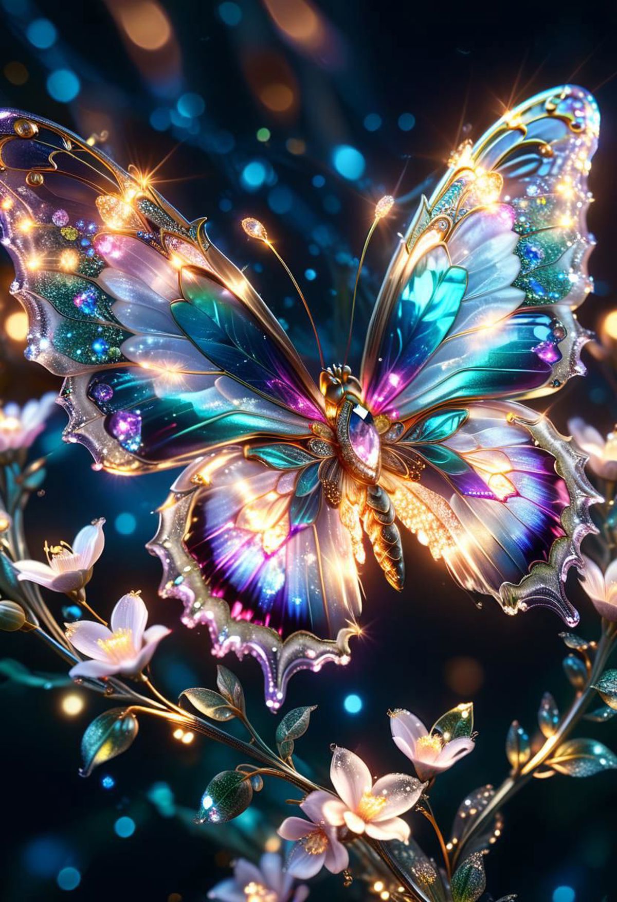 Artistic and Colorful Digital Art of a Butterfly with Purple and Blue Wings Sitting on a Flower.