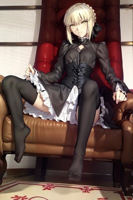 saberalterHA 1girl, solo, saber alter,  blonde hair,  official alternate costume,   yellow eyes, dress,  black thighhighs,  artoria pendragon \(fate\),  gothic lolita,  lolita fashion,