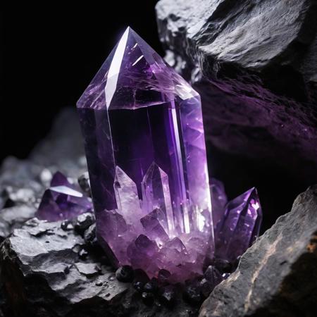 A purple, amethyst-like crystal, shaped like a hexagonal prism, glows from within with an intense light that seems to pulse with ancient energy. The crystal possesses translucent facets that refract light in multiple directions, creating sparkles and bright points on its polished surface. The crystal is partially embedded in a dark gray rock formation, with mineral veins snaking around its base, encircling it as if the stone had naturally formed around it over millennia. Small, spiky black crystals emerge from the surrounding rock, forming a natural frame that enhances the purple glow of the main crystal. The setting is a completely black, hazy cavern, where distant rock formations and tiny glimmers of other luminescent minerals are glimpsed, creating an eerie space that makes the crystal the focal point of the image. The lighting is dramatic, with the crystal as the primary light source, projecting a diffuse fluorescent purple halo that gradually fades into the surrounding darkness, subtly revealing the textures of the wet stone. The atmosphere evokes a mystical and powerful feeling, as if the crystal contained ancient energy trapped in the earth for eons. Technically, the image possesses a photorealistic quality with high contrast, shallow depth of field, and perfect definition of the textures of the transparent crystal and rough stone.