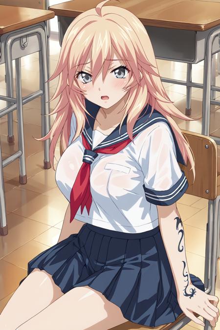 shibai chuutatsu, long hair, blonde hair, ahoge, (silver eyes:1.2), hair between eyes, large breasts, tattoo,