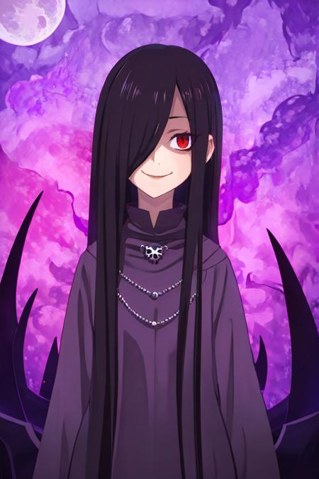 Sadatsuka_Nao_Shokugeki, 1girl, solo, black hair, long hair, hair over one eye, red eyes, @_@ chef, chef hat purple cloak, skull accessory