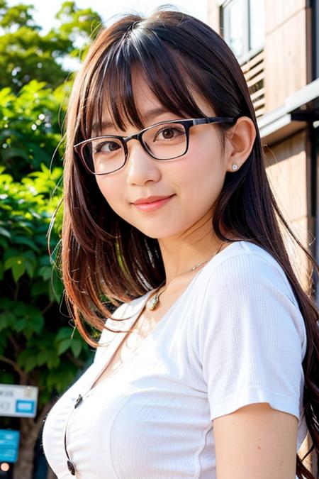 "1girl,photo of pyoapple, brown hair, white eyeglasses,best quality, white shirt,(detailed face:1.4), (looking at viewer:1.4), shiny skin, smile, city background ,(half body:1)
 <lora:pyoapple_v1.0-000003:0.750>