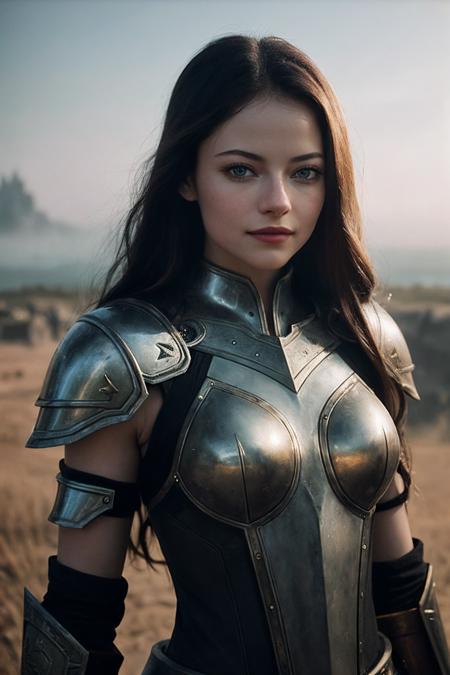 MackenzieF_SoloTI_v1ï¼
(happy,smile), (In a vibrant warrior's armor, with glowing runes etched into the gauntlets, for a heroic and adventurous look), (A sprawling online realm at dawn, with guilds gathering for quests and NPCs bustling about, the promise of treasure and glory on the horizon, epic atmosphere:1.3), (seductive:1.3),(analog, cinematic, film grain, hazy atmosphere, cinematic shot:1.3),, PA7_Portrait-MCU