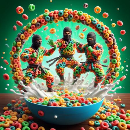 <lora:FruitLoopStyle:1>, made of fruit loops,
full body shot, 2 ninjas, fighting, dynamic pose, in a a gigantic bowl,
(abstract background:1.2), milk, explosion,    vivid colors, high-res, very intricate, high-quality details, ultra realistic, vibrant, highly detailed, award-winning, professional,, score_9, score_8_up, score_7_up, score_6_up,