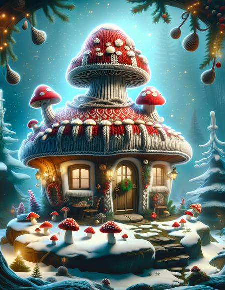 <lora:SDXLChristmasSweater:1>christmassweater, cozy cottage, mushroom Christmas land, concept art, fantasy, magical