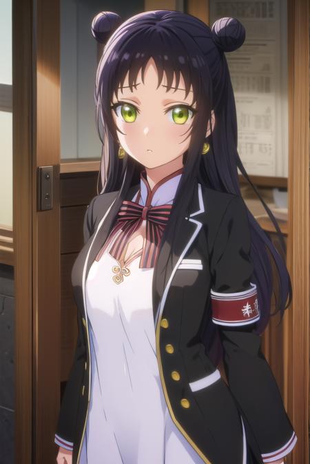 teriawang, <lora:teria wang s1-lora-nochekaiser:1>,
teria wang, long hair, black hair, (green eyes:1.3), hair bun, double bun,
BREAK dress, earrings, chinese clothes, armband, bow, school uniform, jacket, striped, white dress,
BREAK indoors, classroom,
BREAK looking at viewer, (cowboy shot:1.5),
BREAK <lyco:GoodHands-beta2:1>, (masterpiece:1.2), best quality, high resolution, unity 8k wallpaper, (illustration:0.8), (beautiful detailed eyes:1.6), extremely detailed face, perfect lighting, extremely detailed CG, (perfect hands, perfect anatomy),