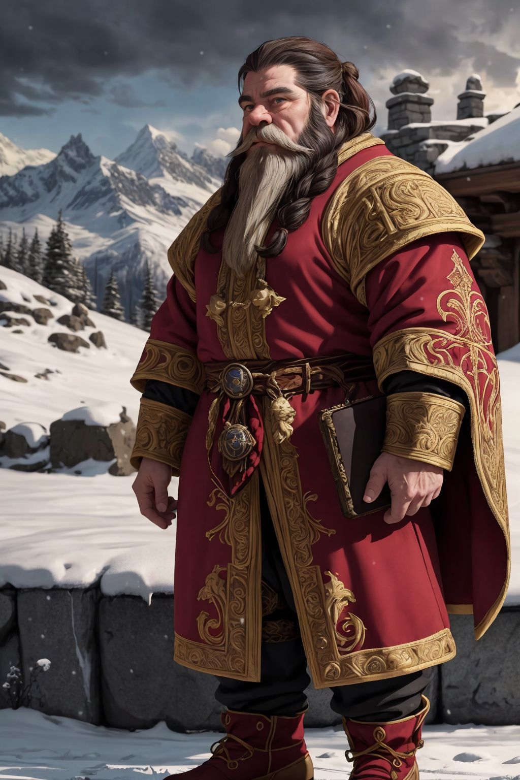 zrpgstyle, from_side ornate royal robes embroidered runes (royal elderly male dwarf:1.2) dwarven king magnificent palace s...