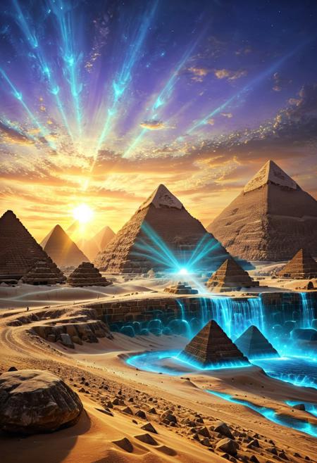 (Bioluminescent Impressionism, Egyptian landscape, The Dreamland, Egyptian desert, sand, rock, great pyramids, fine pyramids, smooth pyramids, techno pyramids with great beams of light shooting up into the sky,  sky sunset, sunrise ,waterfall, ethereal landscapes, depth of field, biotech emotion:1.3)