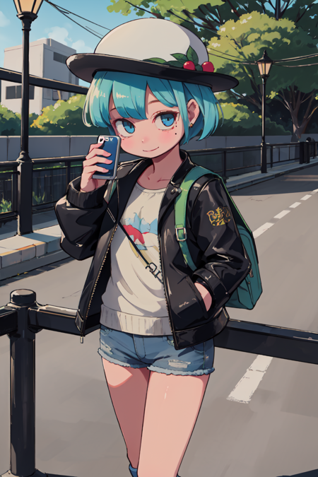 ((best quality)),((world masterpiece)),((illustration)),beautiful detailed,colourful,extremely detailed 8K wallpaper,finely detailed,dramatic light,intricate details, ((ultra-detailed)), 1girl, bag, blue_eyes, blue_headwear, bridge, cellphone, closed_mouth, eyebrows_visible_through_hair, green_eyes, green_hair, grey_footwear, handbag, hat, holding, holding_phone, jacket, lamppost, leather, leather_jacket, long_sleeves, looking_at_viewer, mole, mole_under_eye, phone, railing, shoes, short_hair, smartphone, smile, sneakers, solo, suitcase, sweater, tree